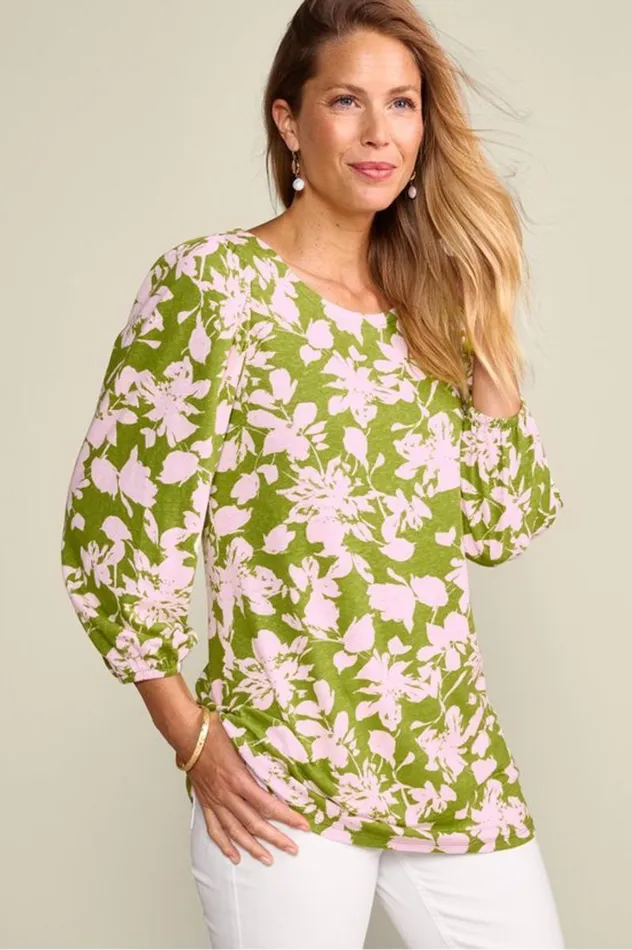 Women Ainsley Linen Blend Tunic Ink Blooms Green Soft Surroundings Tops