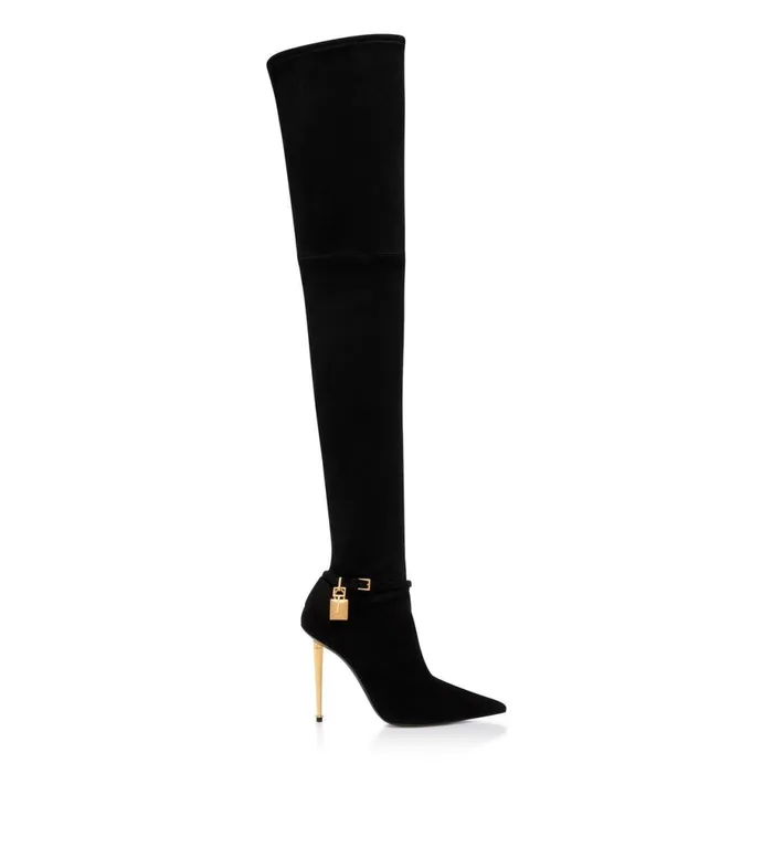 Women Boots Tom Ford Stretch Suede Leather Padlock Over The Knee Boot Black