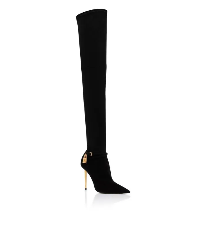 Women Boots Tom Ford Stretch Suede Leather Padlock Over The Knee Boot Black Women Boots Tom Ford Stretch Suede Leather Padlock Over The Knee Boot Black