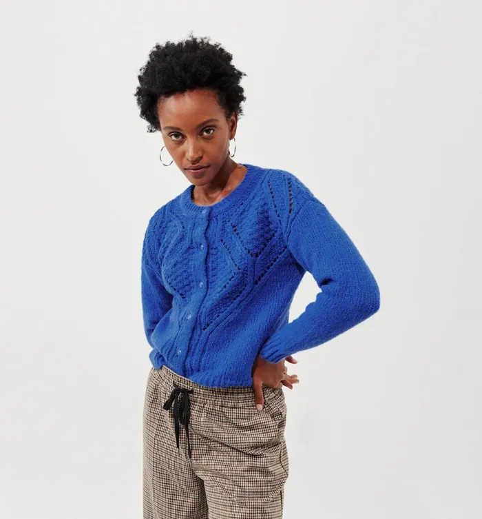 Women Cable Knit Cardigan 8211 Blue Promod Jumpers And Cardigans
