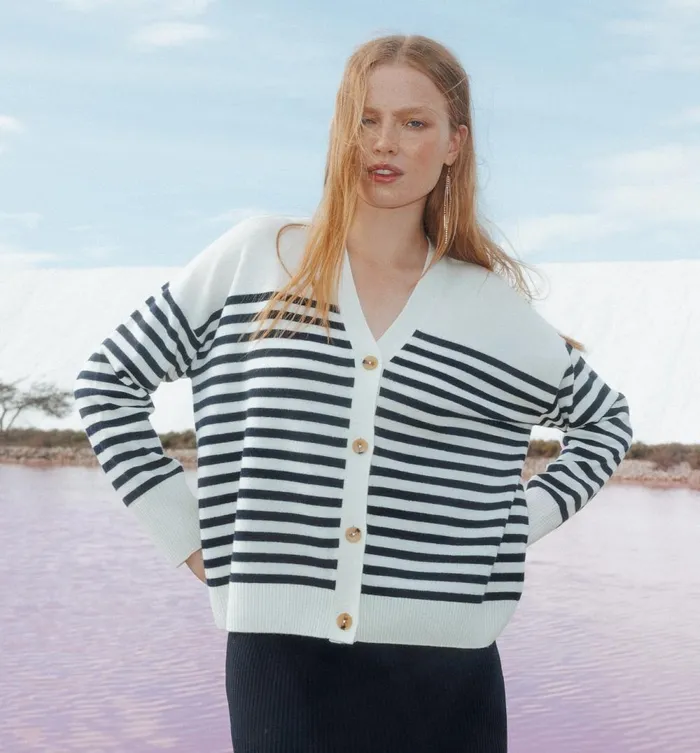 Women Cardigan 8211 Navy Blue Stripes Promod Jumpers And Cardigans