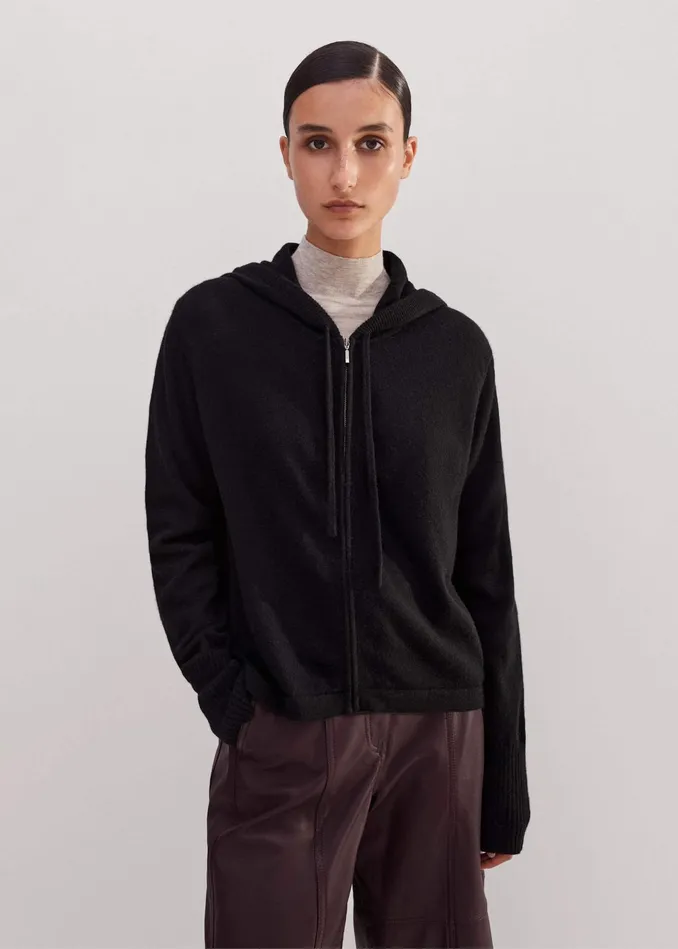 Women Cashmere Relaxed Fit Box Zip Hoody Black MEEM