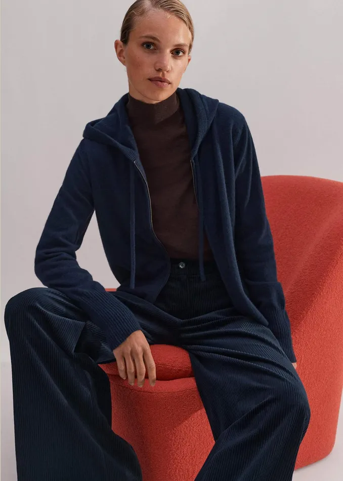 Women Cashmere Relaxed Fit Box Zip Hoody Navy MEEM