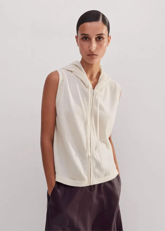 Women Cashmere Sleeveless Relaxed Zip Hoody Natural Cream MEEM