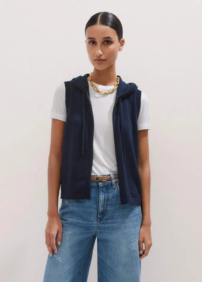 Women Cashmere Sleeveless Relaxed Zip Hoody Navy MEEM