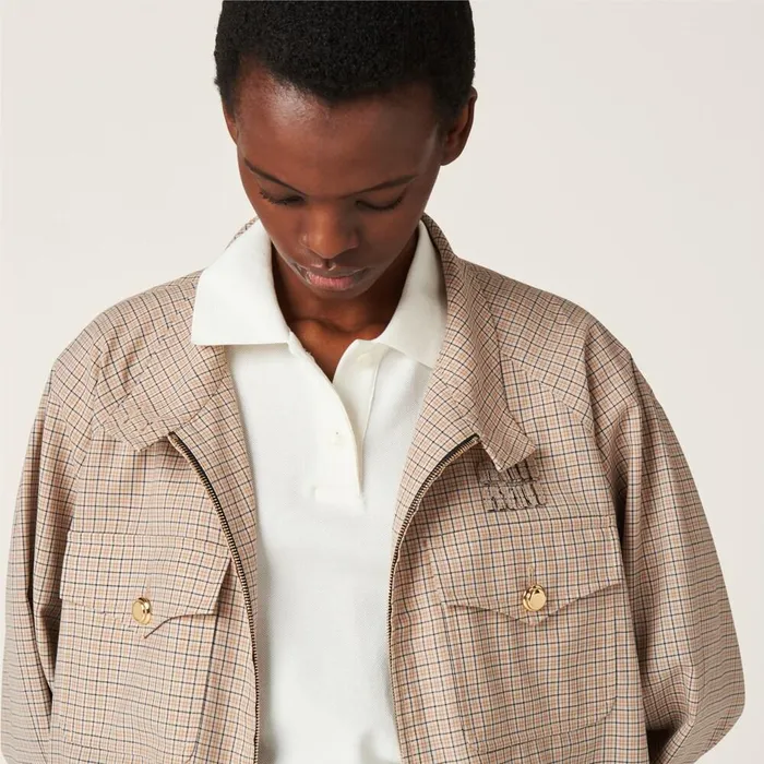 Women Coats And Jackets Miu Miu Checked Blouson Jacket Limestoneblack Women Coats And Jackets Miu Miu Checked Blouson Jacket Limestoneblack