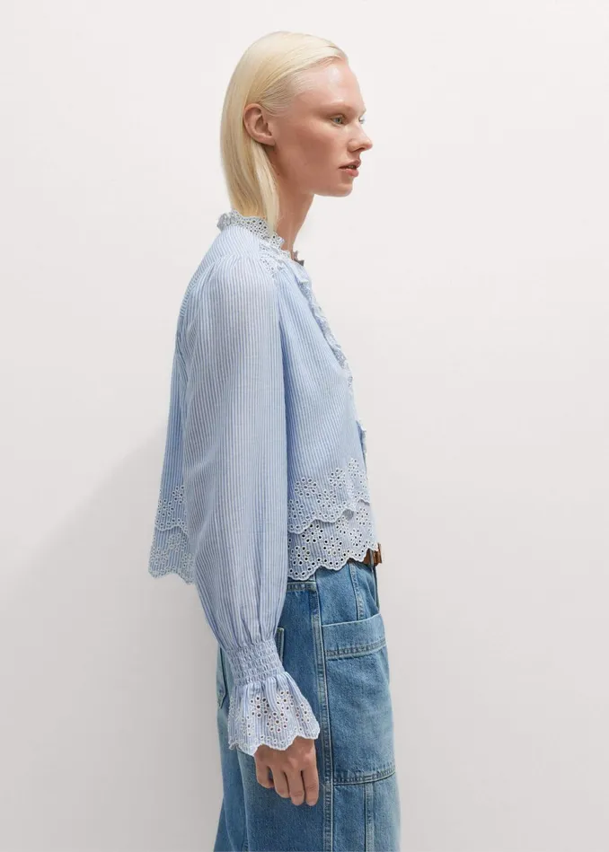 Women Cotton Stripe Broderie Crop Top Bluewhite MEEM