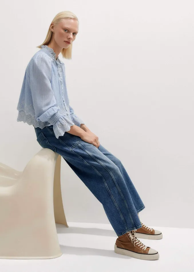 Women Cotton Stripe Broderie Crop Top Bluewhite MEEM