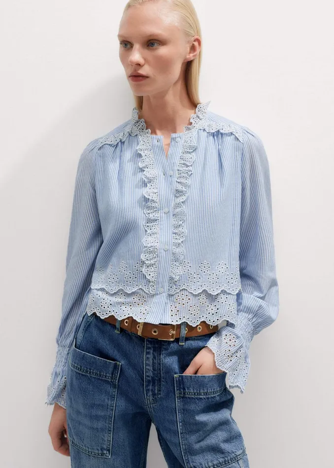 Women Cotton Stripe Broderie Crop Top Bluewhite MEEM