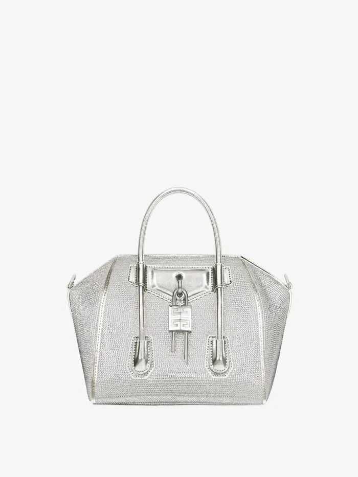 Women Crossbody Bags Givenchy Mini Antigona Lock Bag In Satin Strass And Leather Silvery Grey