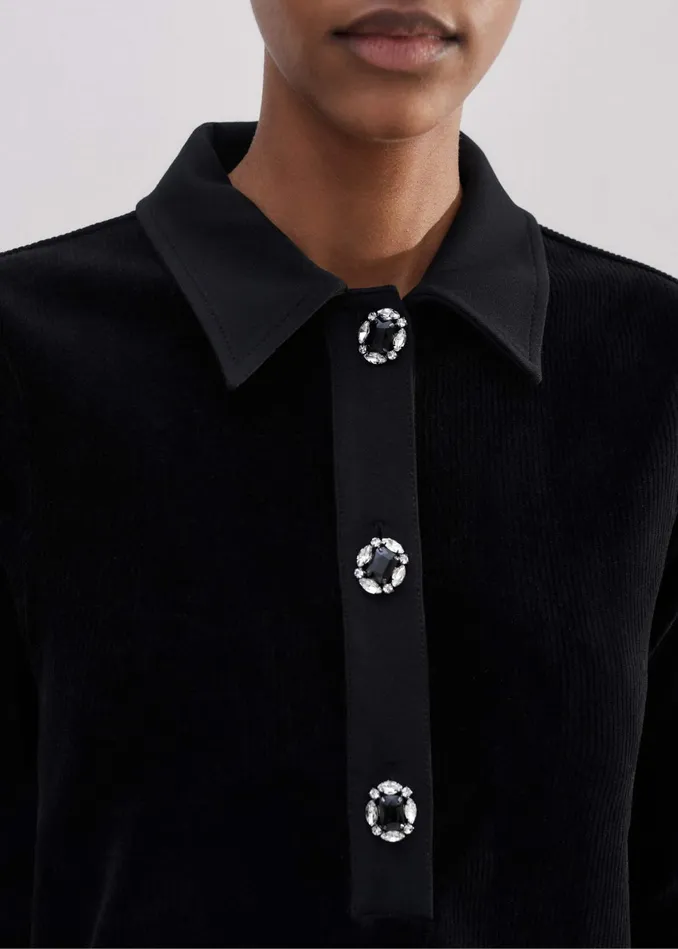 Women Crystal Button Cord Velour Swing Top Black MEEM
