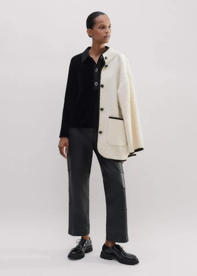 Women Crystal Button Cord Velour Swing Top Black MEEM