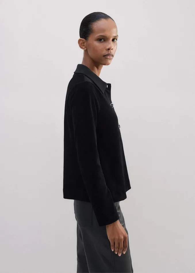 Women Crystal Button Cord Velour Swing Top Black MEEM