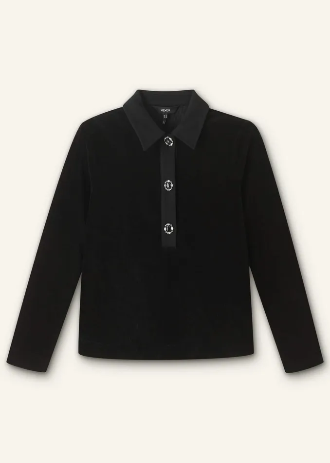 Women Crystal Button Cord Velour Swing Top Black MEEM