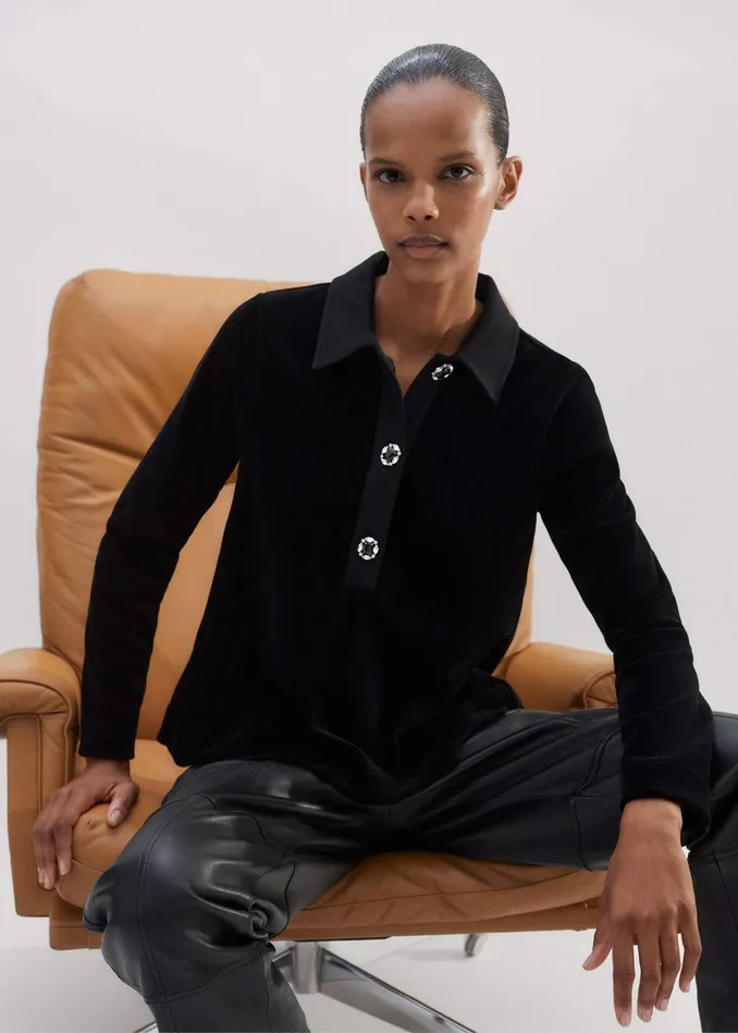 Women Crystal Button Cord Velour Swing Top Black MEEM