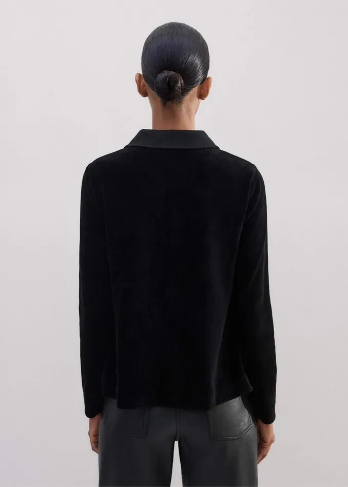 Women Crystal Button Cord Velour Swing Top Black MEEM