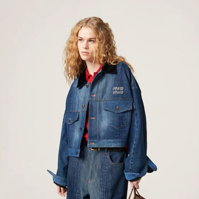 Women Denim Miu Miu Denim Trucker Jacket Navy Women Denim Miu Miu Denim Trucker Jacket Navy