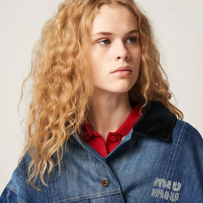 Women Denim Miu Miu Denim Trucker Jacket Navy Women Denim Miu Miu Denim Trucker Jacket Navy