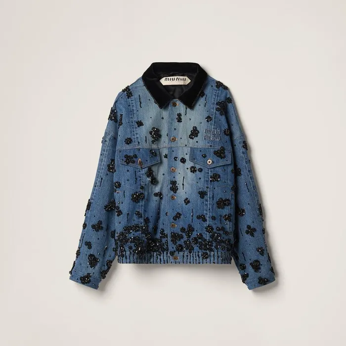 Women Denim Miu Miu Embellished Denim Trucker Jacket Navy