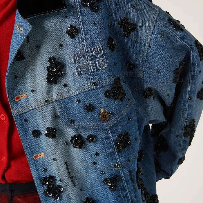 Women Denim Miu Miu Embellished Denim Trucker Jacket Navy Women Denim Miu Miu Embellished Denim Trucker Jacket Navy