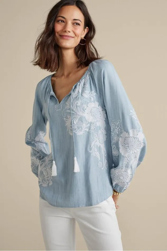 Women Diya Embroidered Tencel Peasant Top Medium Wash Soft Surroundings Tops Women Diya Embroidered Tencel Peasant Top Medium Wash Soft Surroundings Tops