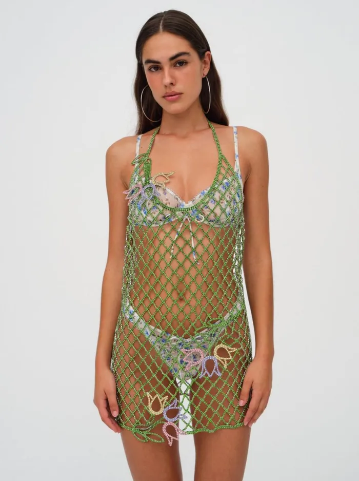 Women Dresses For Love and Lemons Tulip Grid Rhinestone Dress Green