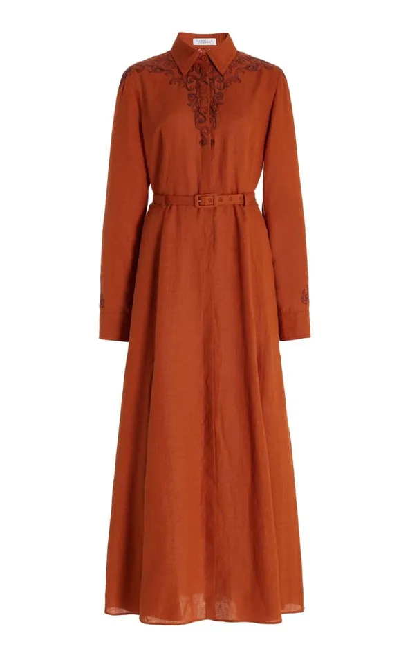 Women Dresses Gabriela Hearst Mcgraw Embroidered Shirtdress In Red Clay Aloe Linen