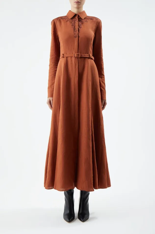 Women Dresses Gabriela Hearst Mcgraw Embroidered Shirtdress In Red Clay Aloe Linen