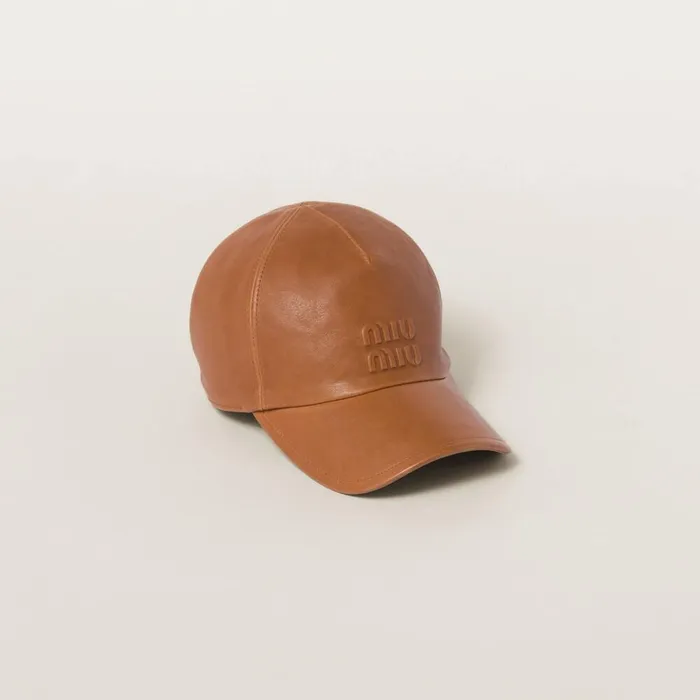 Women Hats And Gloves Miu Miu Nappa Leather Baseball Cap Caramel