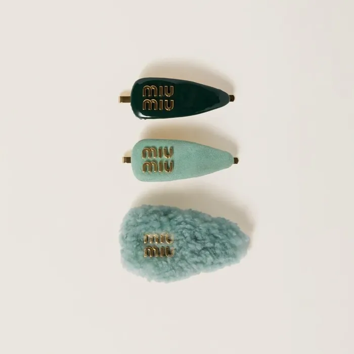 Women Headbands And Hair Accessories Miu Miu Set Of Leather Suede And Shearling Hair Clips Fir Green