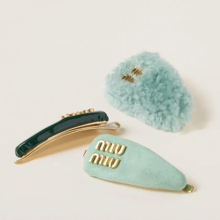 Women Headbands And Hair Accessories Miu Miu Set Of Leather Suede And Shearling Hair Clips Fir Green Women Headbands And Hair Accessories Miu Miu Set Of Leather Suede And Shearling Hair Clips Fir Green