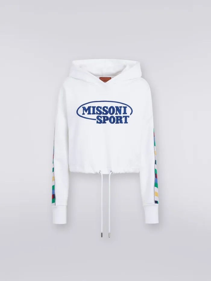 Women Hooded Cotton Sweatshirt With Legacy Logo Knit Bands White and Multicoloured Heritage Missoni Sport Women Hooded Cotton Sweatshirt With Legacy Logo Knit Bands White and Multicoloured Heritage Missoni Sport