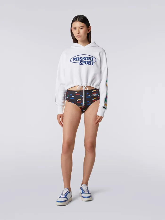 Women Hooded Cotton Sweatshirt With Legacy Logo Knit Bands White and Multicoloured Heritage Missoni Sport