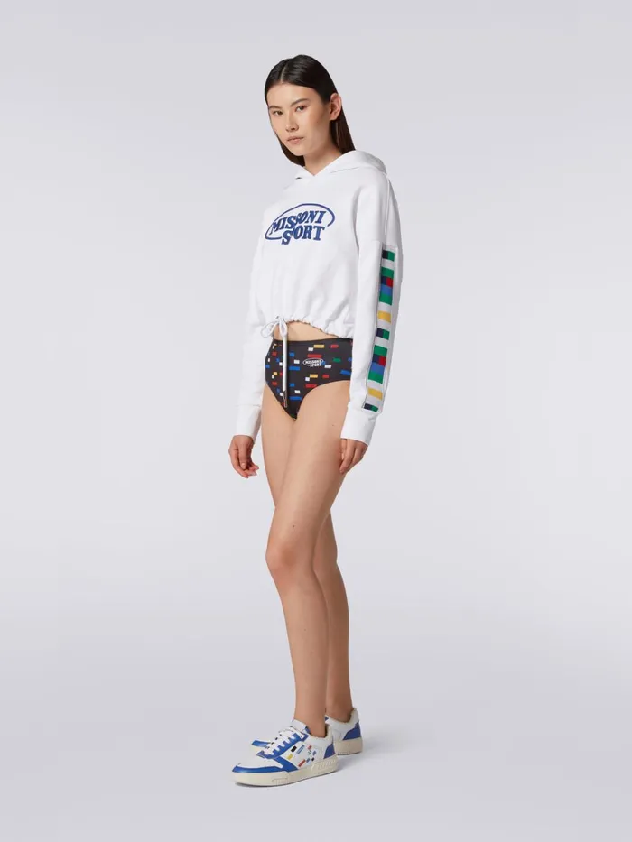 Women Hooded Cotton Sweatshirt With Legacy Logo Knit Bands White and Multicoloured Heritage Missoni Sport