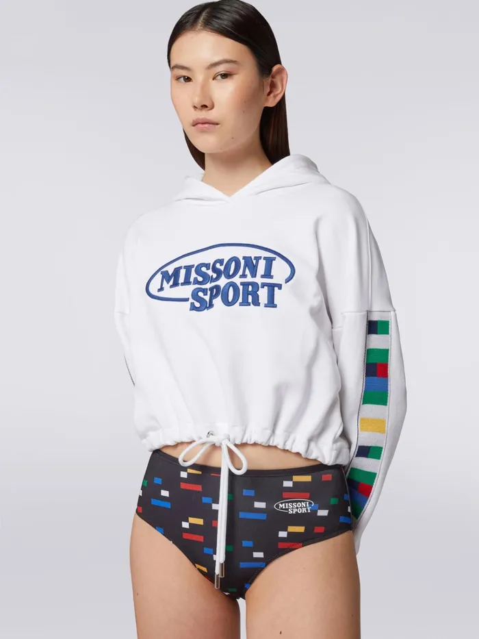 Women Hooded Cotton Sweatshirt With Legacy Logo Knit Bands White and Multicoloured Heritage Missoni Sport