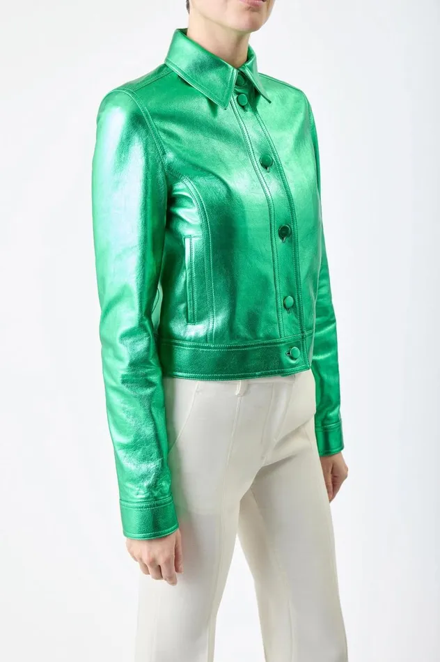 Women Jackets and Coats Gabriela Hearst Thereza Jacket In Variseite Green Metallic Nappa Leather