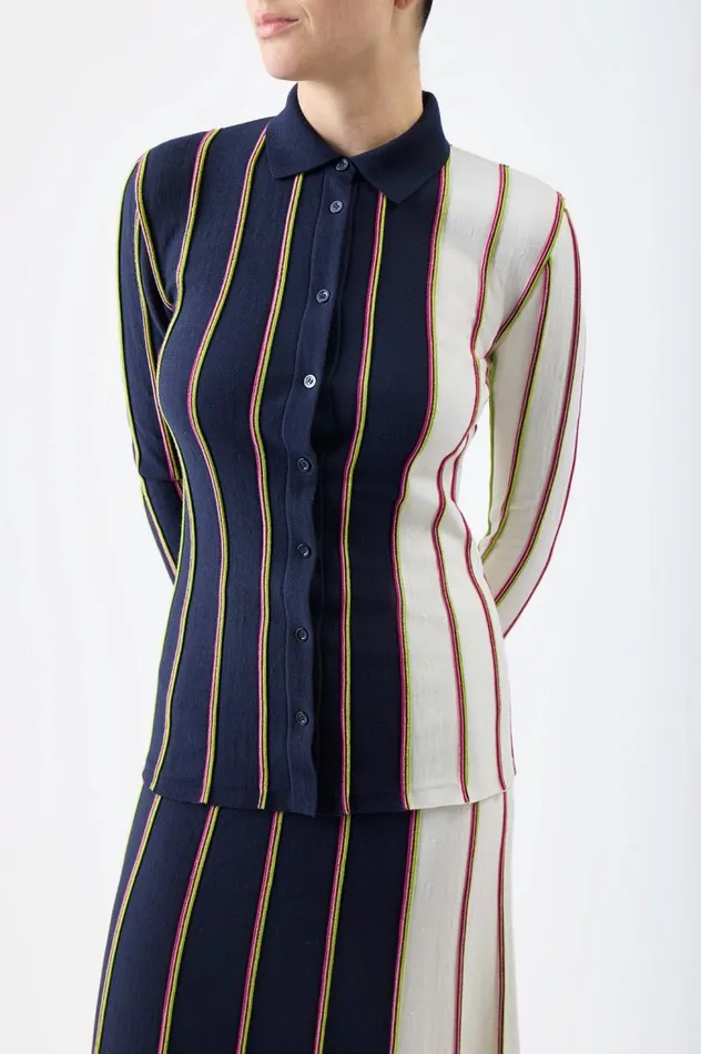 Women Knitwear Gabriela Hearst Tessa Knit Shirt In Navy Multi Striped Merino Wool