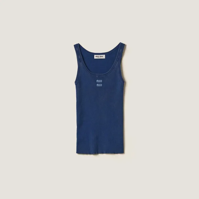 Women Knitwear Miu Miu Cotton Knit Tank Top Navy