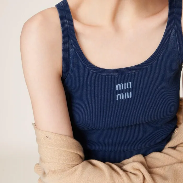 Women Knitwear Miu Miu Cotton Knit Tank Top Navy Women Knitwear Miu Miu Cotton Knit Tank Top Navy