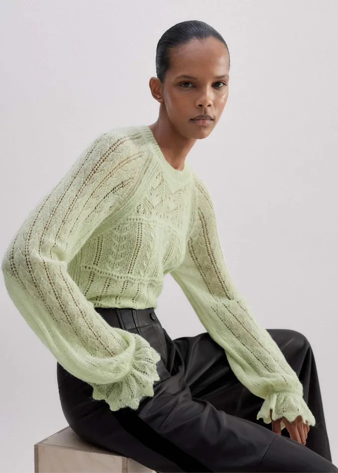 Women Lace Stitch Blouson Sleeve Sweater Fresh Pistachio MEEM
