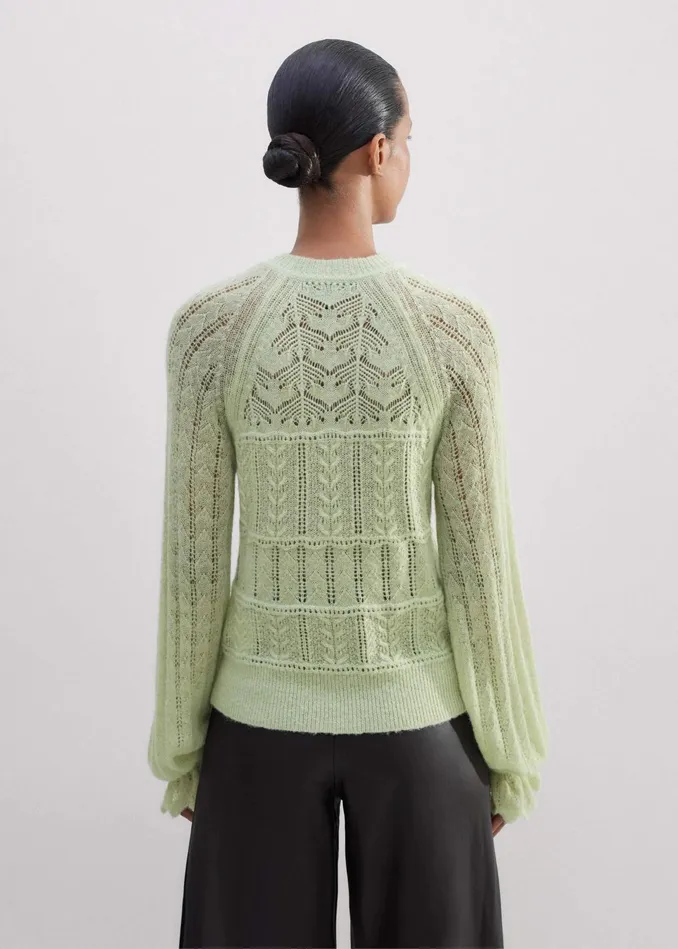 Women Lace Stitch Blouson Sleeve Sweater Fresh Pistachio MEEM