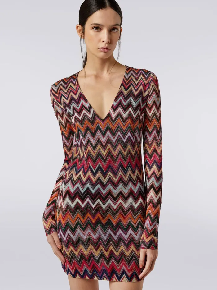Women Lam Viscose Chevron Mini Dress With V Neckline Multicoloured Missoni Dresses Women Lam Viscose Chevron Mini Dress With V Neckline Multicoloured Missoni Dresses