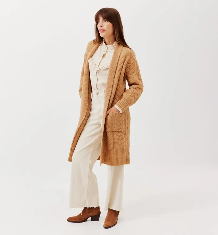 Women Long CableKnit Cardigan 8211 Chestnut Brown Promod Jumpers And Cardigans