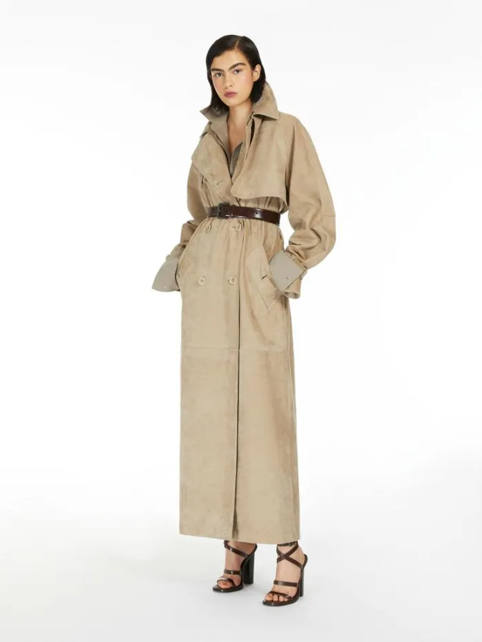 Women Max Mara Leather Coats Nubuck Oversized Trench Coat Beige