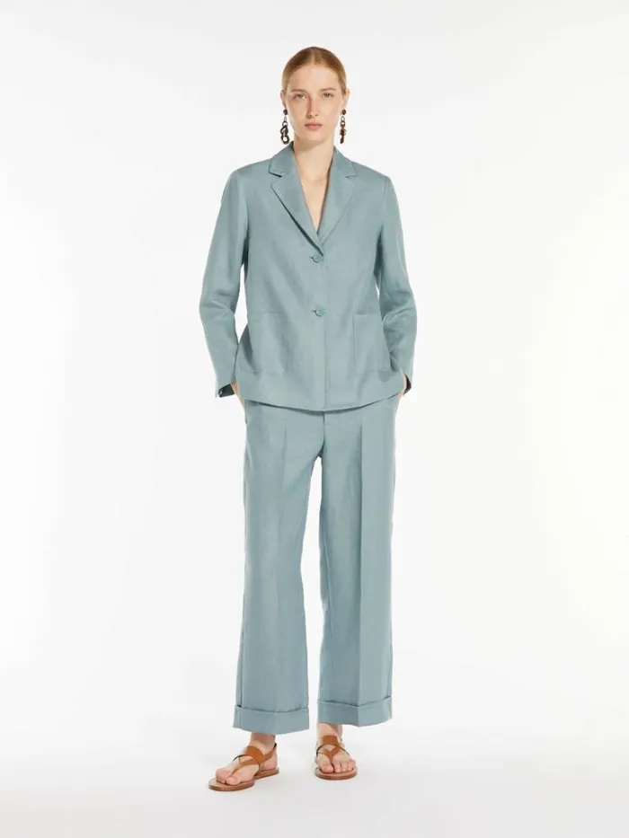 Women Max Mara Suit Linen Canvas Palazzo Trousers Light Blue
