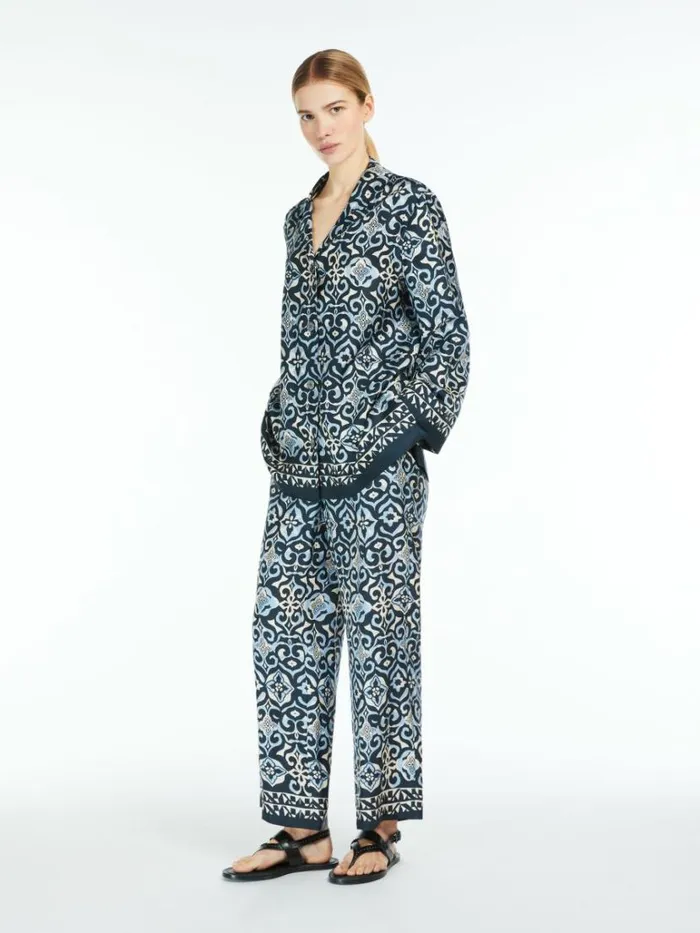 Women Max Mara Trousers And Jeans Widefit Printed Silk Trousers Ultramarine