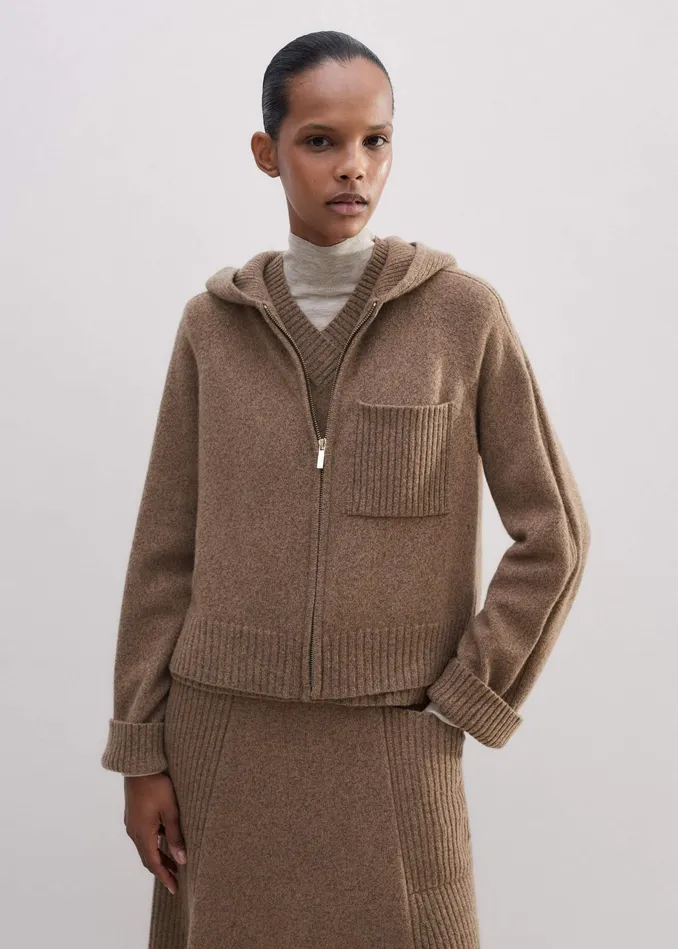 Women Merino Cashmere Relaxed Zip Hoody Mocha Melange MEEM