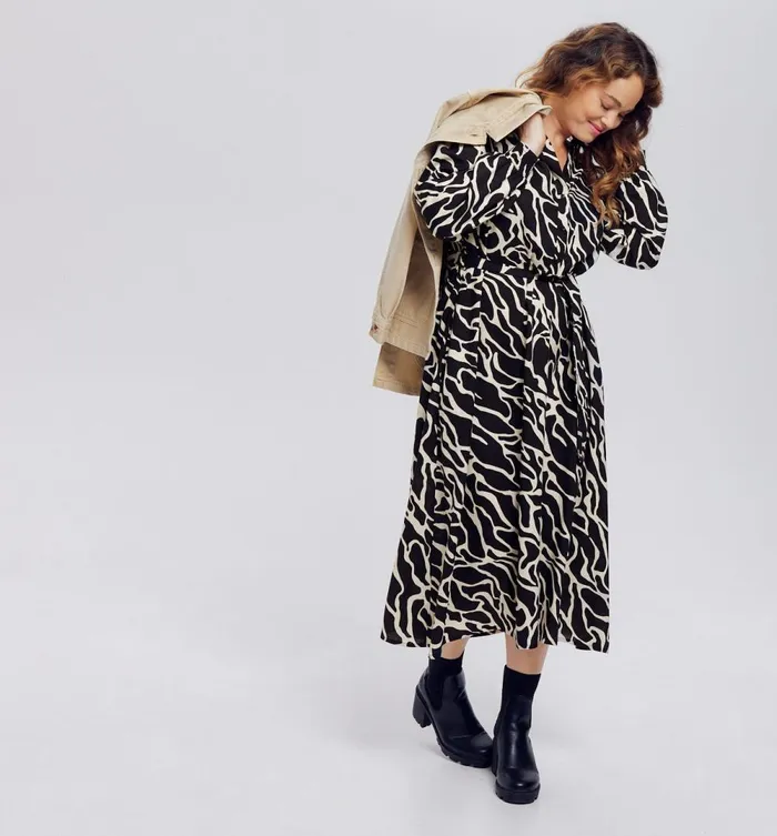 Women Midi Patterned Dress 8211 Black Print Promod Dresses Women Midi Patterned Dress 8211 Black Print Promod Dresses