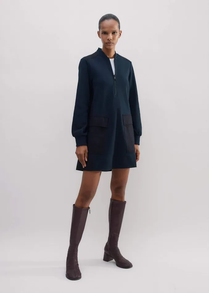 Women Mix Media Sweatshirting Swing Dress Navyblack MEEM