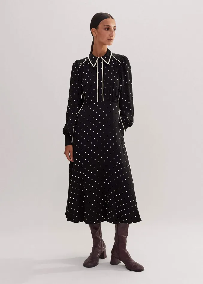 Women Monochrome Polka Dot Print Midi Dress Blacklight Cream MEEM